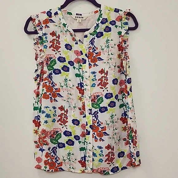 Boden Flame Scarlet Diamond Terrace Alicia Red and Pink Floral Blouse Size 8 - Picture 2 of 16